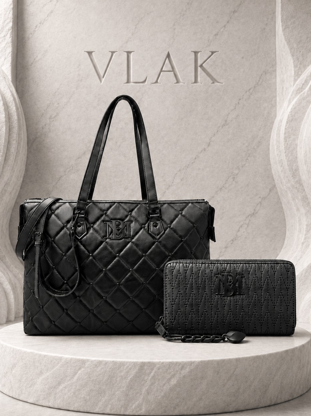Black Quilted Tote Bag with Zip-Around Wallet